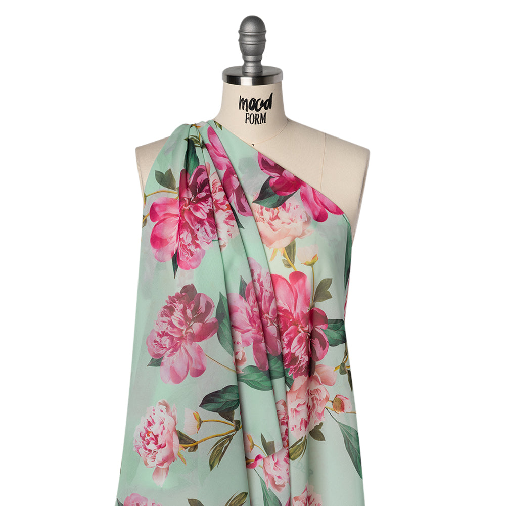 Polyester Chiffon Print - Seafoam, Magenta and Green Roses - Designer Deadstock