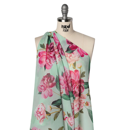 Polyester Chiffon Print - Seafoam, Magenta and Green Roses - Designer Deadstock