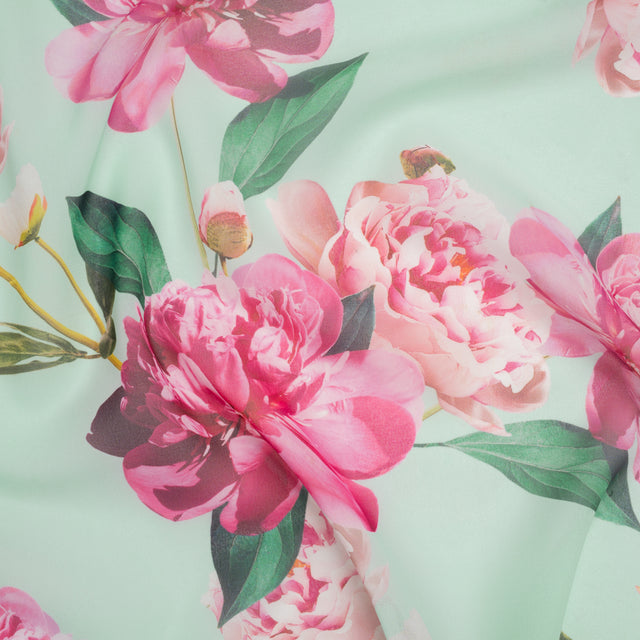 Polyester Chiffon Print - Seafoam, Magenta and Green Roses - Designer Deadstock