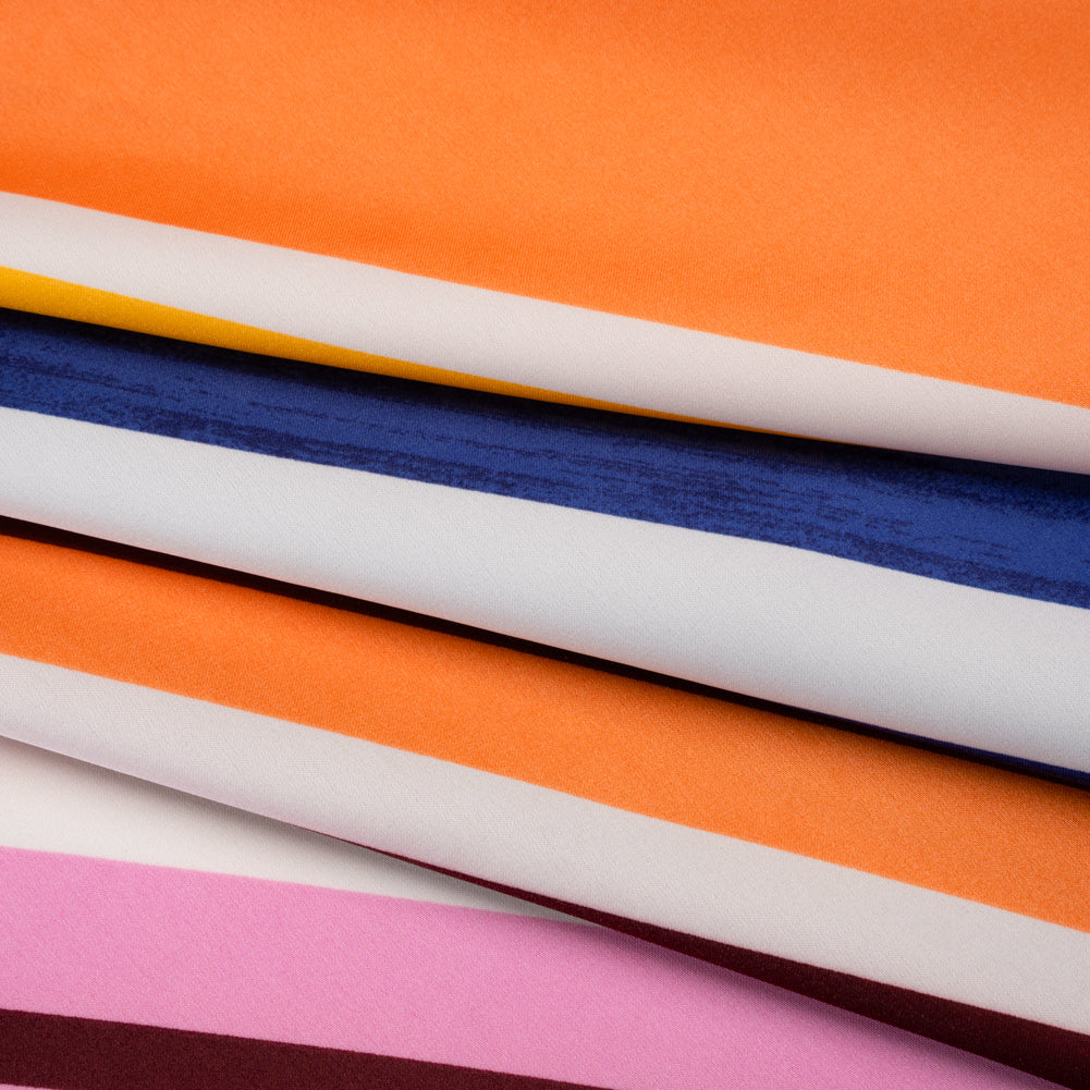 Stretch Polyester Charmeuse Panel - Pink, Creamsicle and Dark Blue Diagonal Stripes - Designer Deadstock