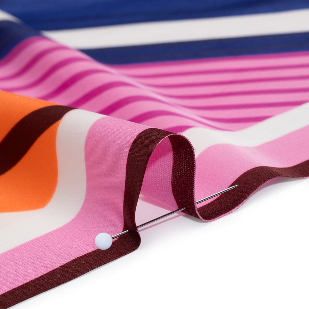 Stretch Polyester Charmeuse Panel - Pink, Creamsicle and Dark Blue Diagonal Stripes - Designer Deadstock
