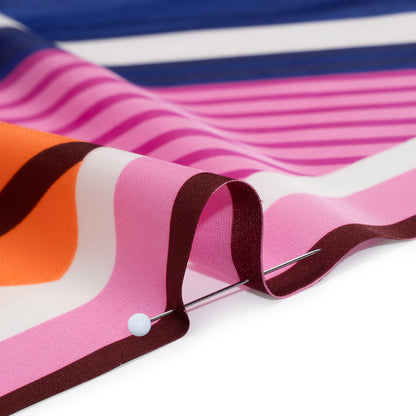 Stretch Polyester Charmeuse Panel - Pink, Creamsicle and Dark Blue Diagonal Stripes - Designer Deadstock