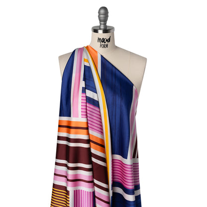 Stretch Polyester Charmeuse Panel - Pink, Creamsicle and Dark Blue Diagonal Stripes - Designer Deadstock