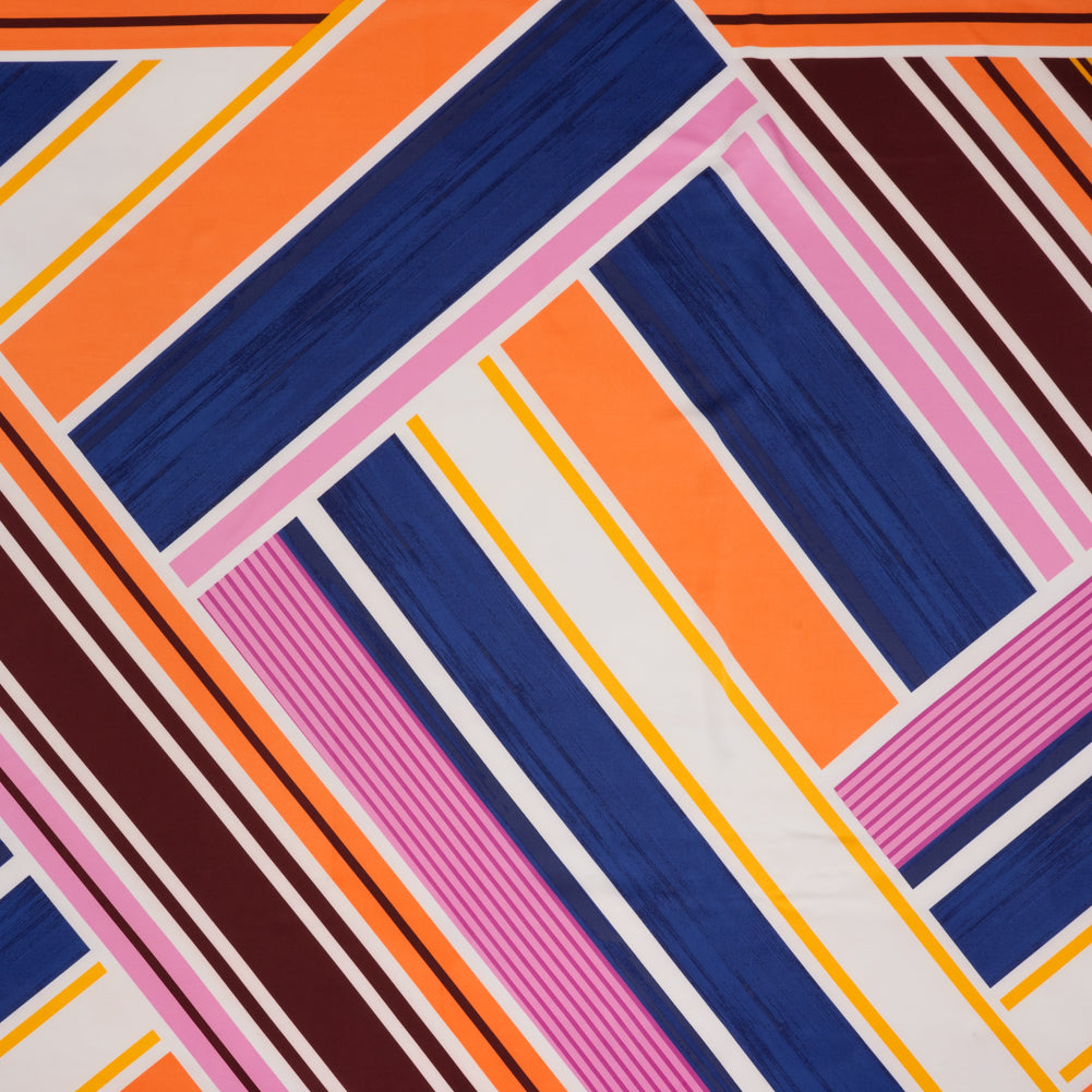 Stretch Polyester Charmeuse Panel - Pink, Creamsicle and Dark Blue Diagonal Stripes - Designer Deadstock