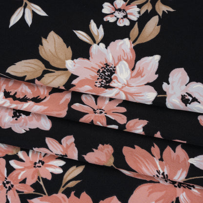 Stretch Polyester Jersey with Puff Print - Black, Pink and Beige Floral - Designer Deadstock