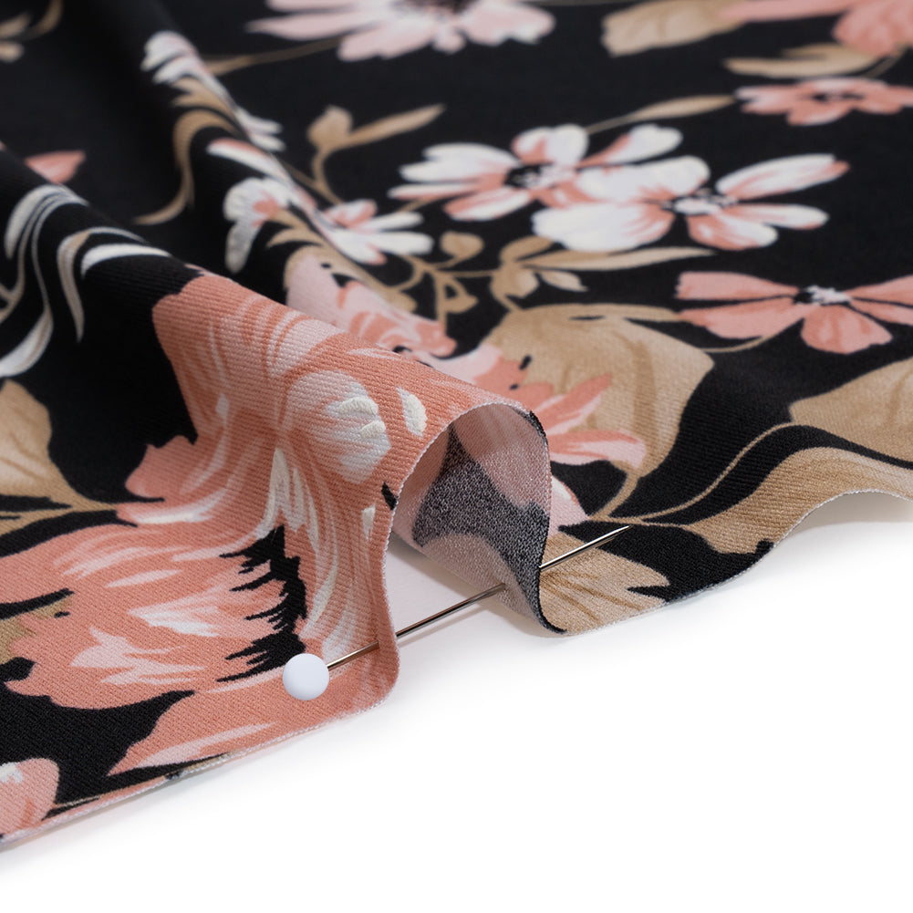 Stretch Polyester Jersey with Puff Print - Black, Pink and Beige Floral - Designer Deadstock