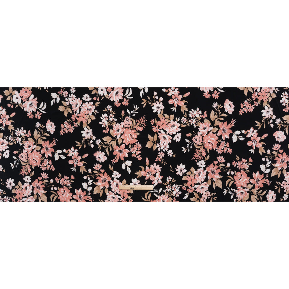 Stretch Polyester Jersey with Puff Print - Black, Pink and Beige Floral - Designer Deadstock