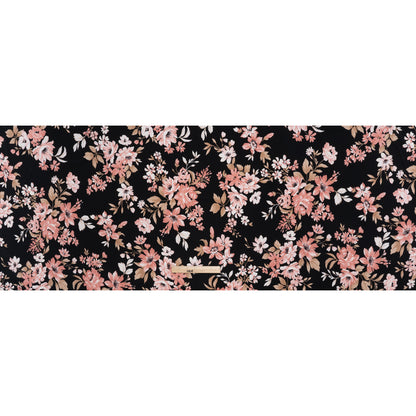 Stretch Polyester Jersey with Puff Print - Black, Pink and Beige Floral - Designer Deadstock