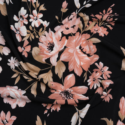 Stretch Polyester Jersey with Puff Print - Black, Pink and Beige Floral - Designer Deadstock