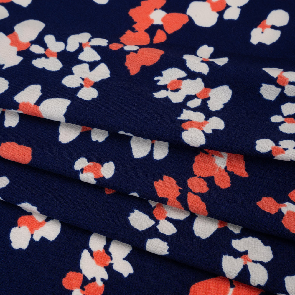 Stretch Polyester Tricot Print - Bright Navy, Hot Coral and Cream Flower Spots - Designer Deadstock