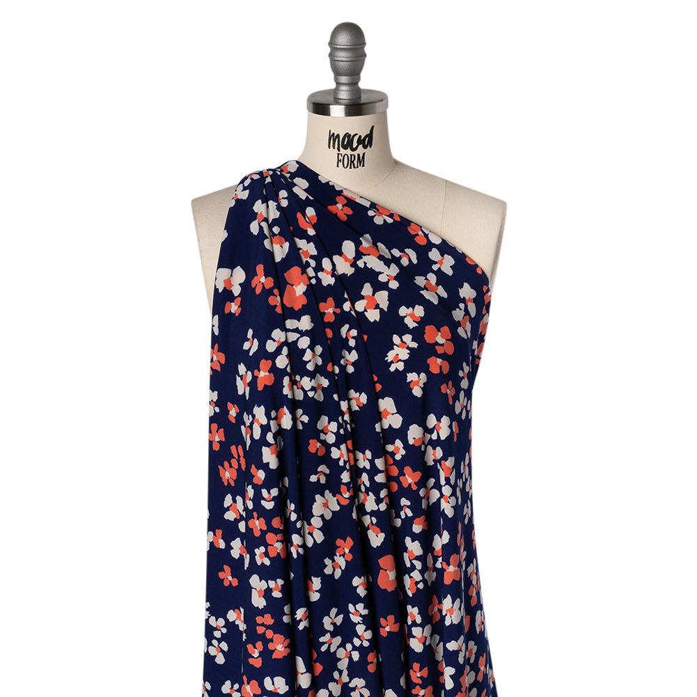 Stretch Polyester Tricot Print - Bright Navy, Hot Coral and Cream Flower Spots - Designer Deadstock