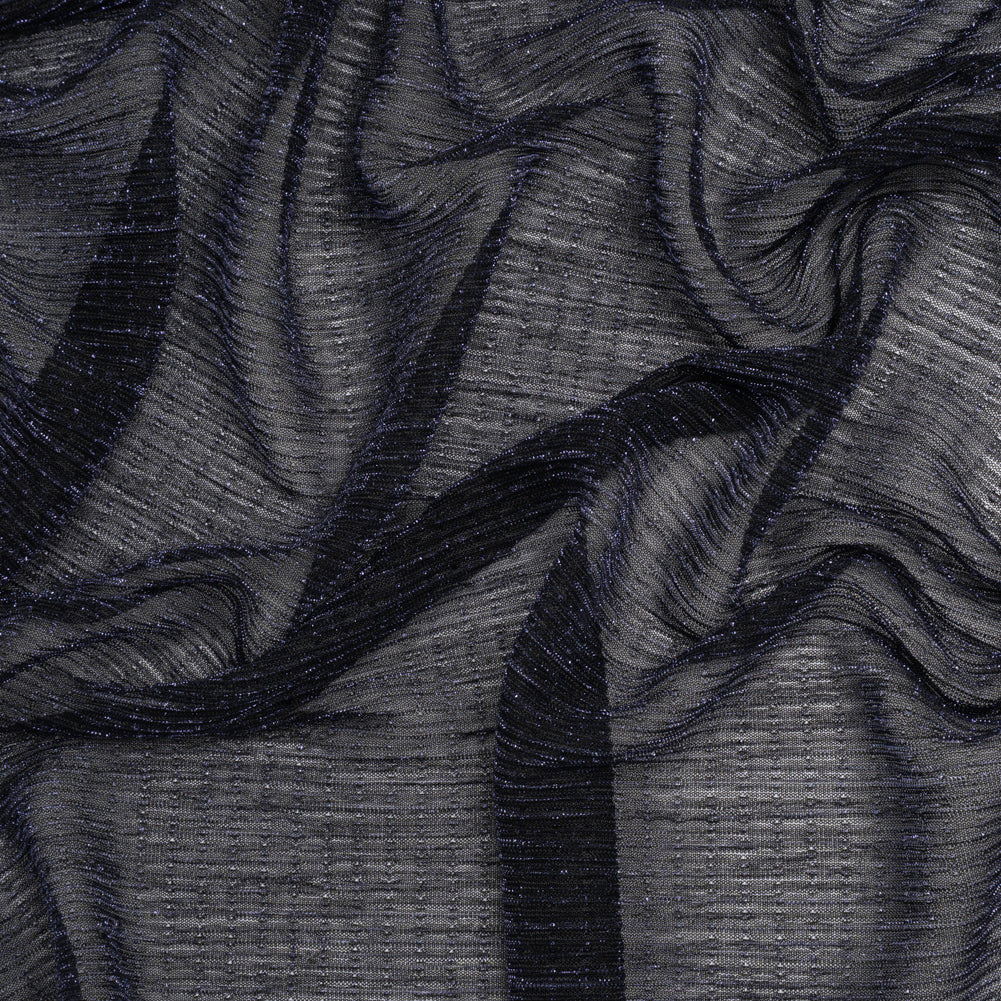 Metallic Sheer Polyester Knit Plisse - Navy Blue and Black - Designer Deadstock