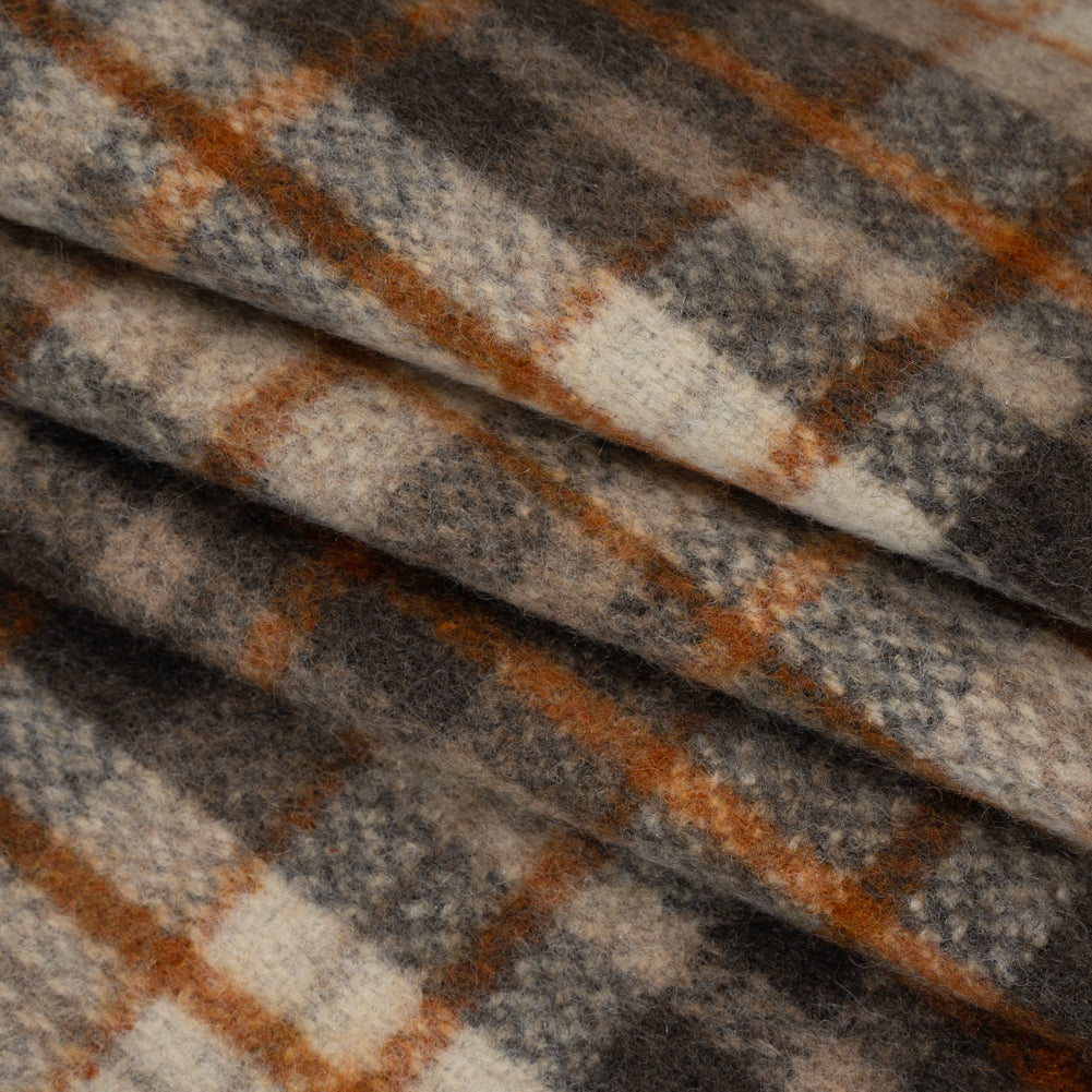 Brushed Wool Blend Tweed - Cream, Dark Brown and Burnt Orange Plaid