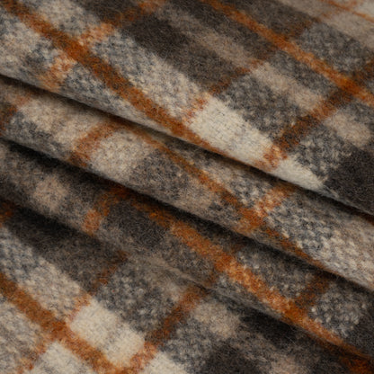 Brushed Wool Blend Tweed - Cream, Dark Brown and Burnt Orange Plaid