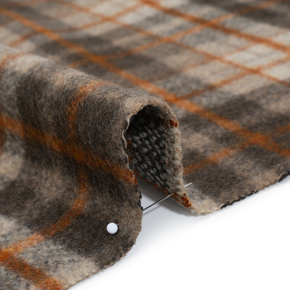 Brushed Wool Blend Tweed - Cream, Dark Brown and Burnt Orange Plaid