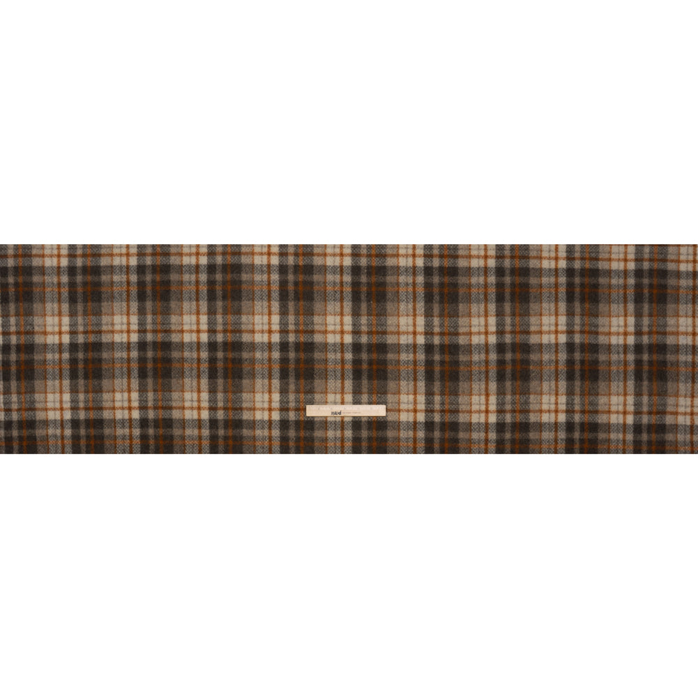 Brushed Wool Blend Tweed - Cream, Dark Brown and Burnt Orange Plaid