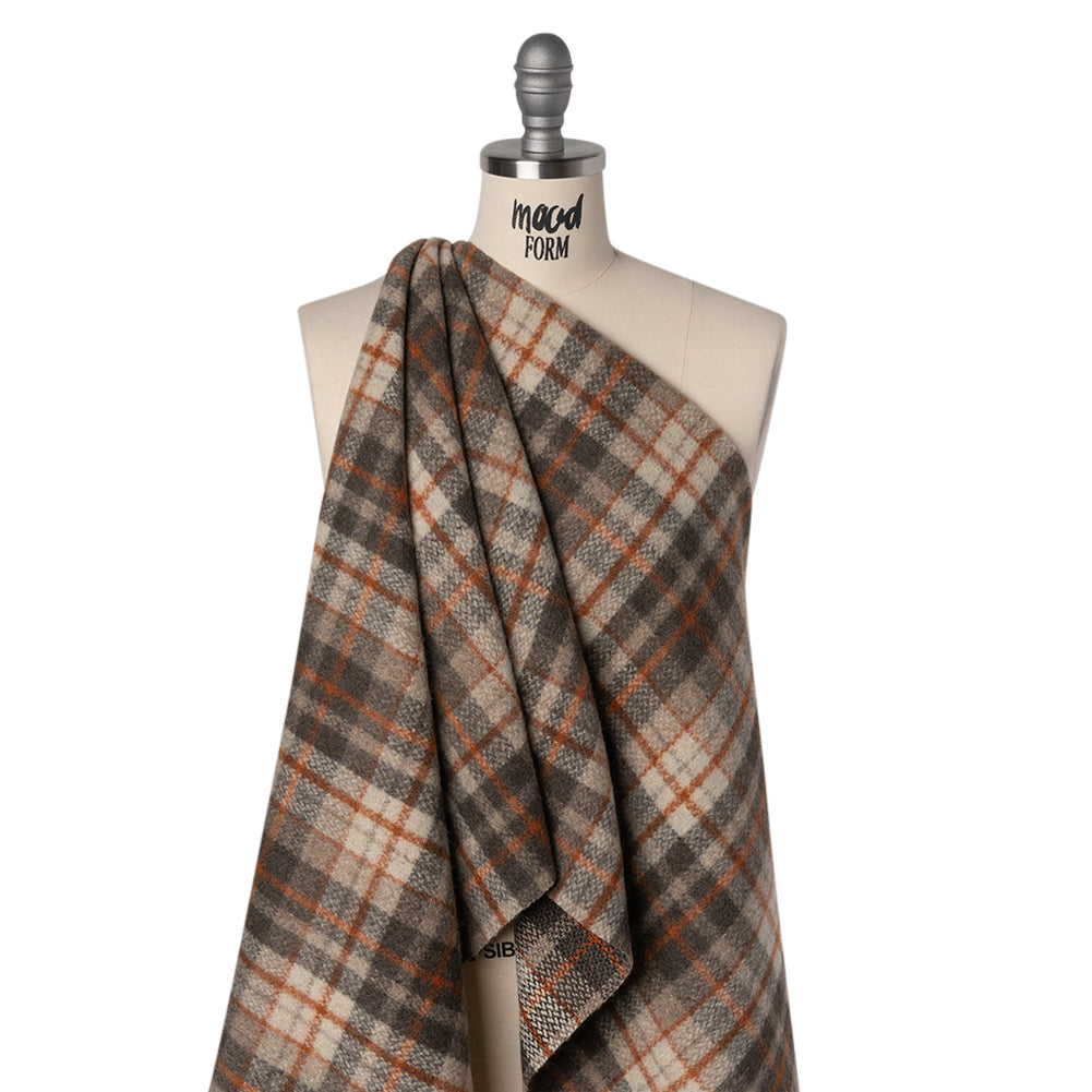 Brushed Wool Blend Tweed - Cream, Dark Brown and Burnt Orange Plaid