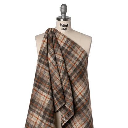 Brushed Wool Blend Tweed - Cream, Dark Brown and Burnt Orange Plaid