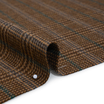 Wool Blend Tweed Twill - Brown, Emerald Green and Dusty Blue Glen Plaid