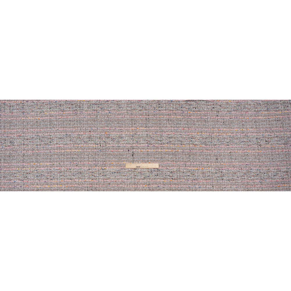 Polyester and Wool Blend Textural Tweed - Baby Pink, White and Metallic Silver