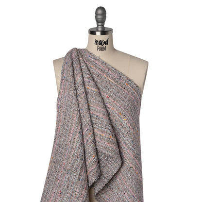 Polyester and Wool Blend Textural Tweed - Baby Pink, White and Metallic Silver