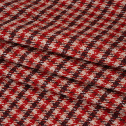 Wool Blend Tweedy Twill - Red, Burgundy and Ivory Houndstooth Plaid