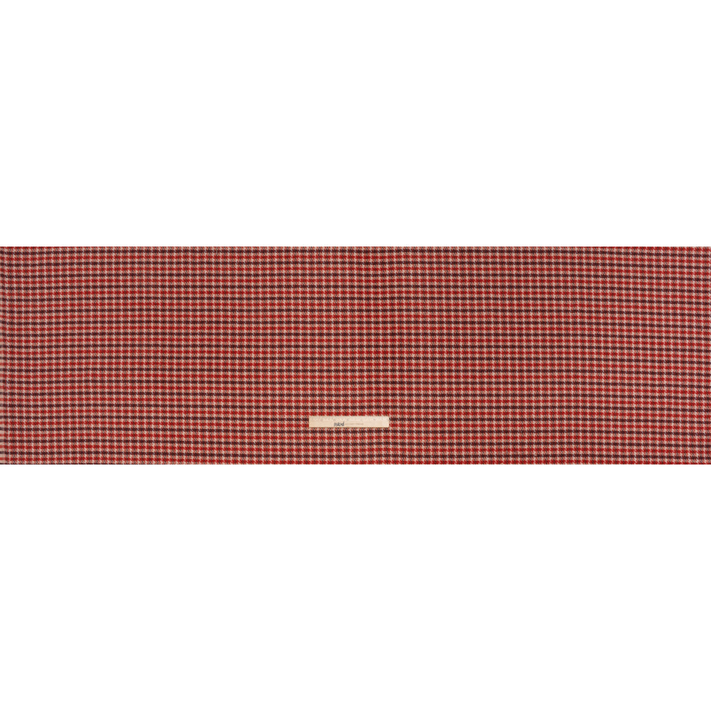 Wool Blend Tweedy Twill - Red, Burgundy and Ivory Houndstooth Plaid