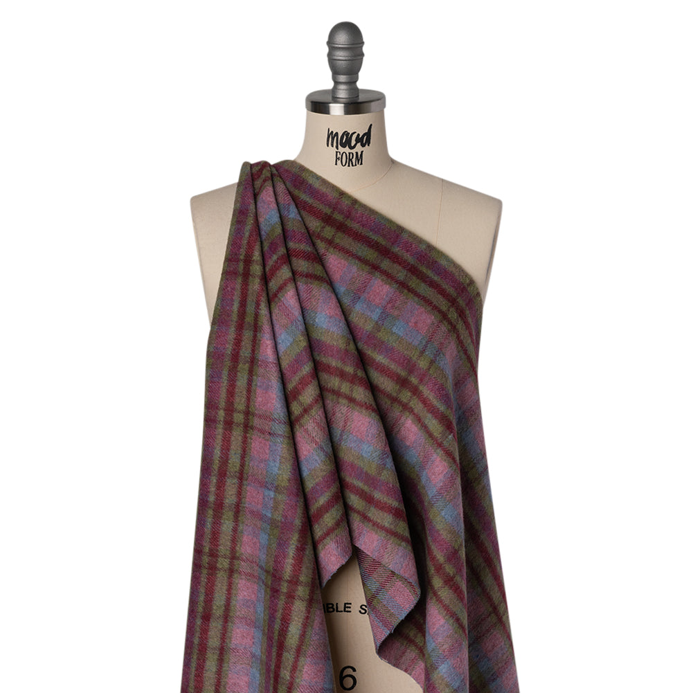 Brushed Wool Blend Twill Tweed - Pink, Green and Sky Blue Plaid