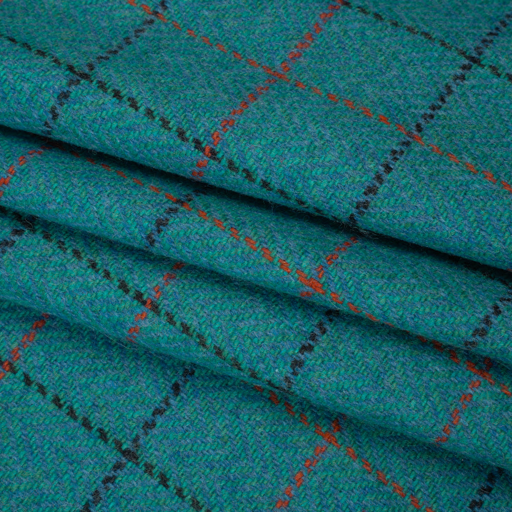 Wool Blend Tweedy Twill - Teal, Red and Navy Blue Herringbone and Plaid Folded