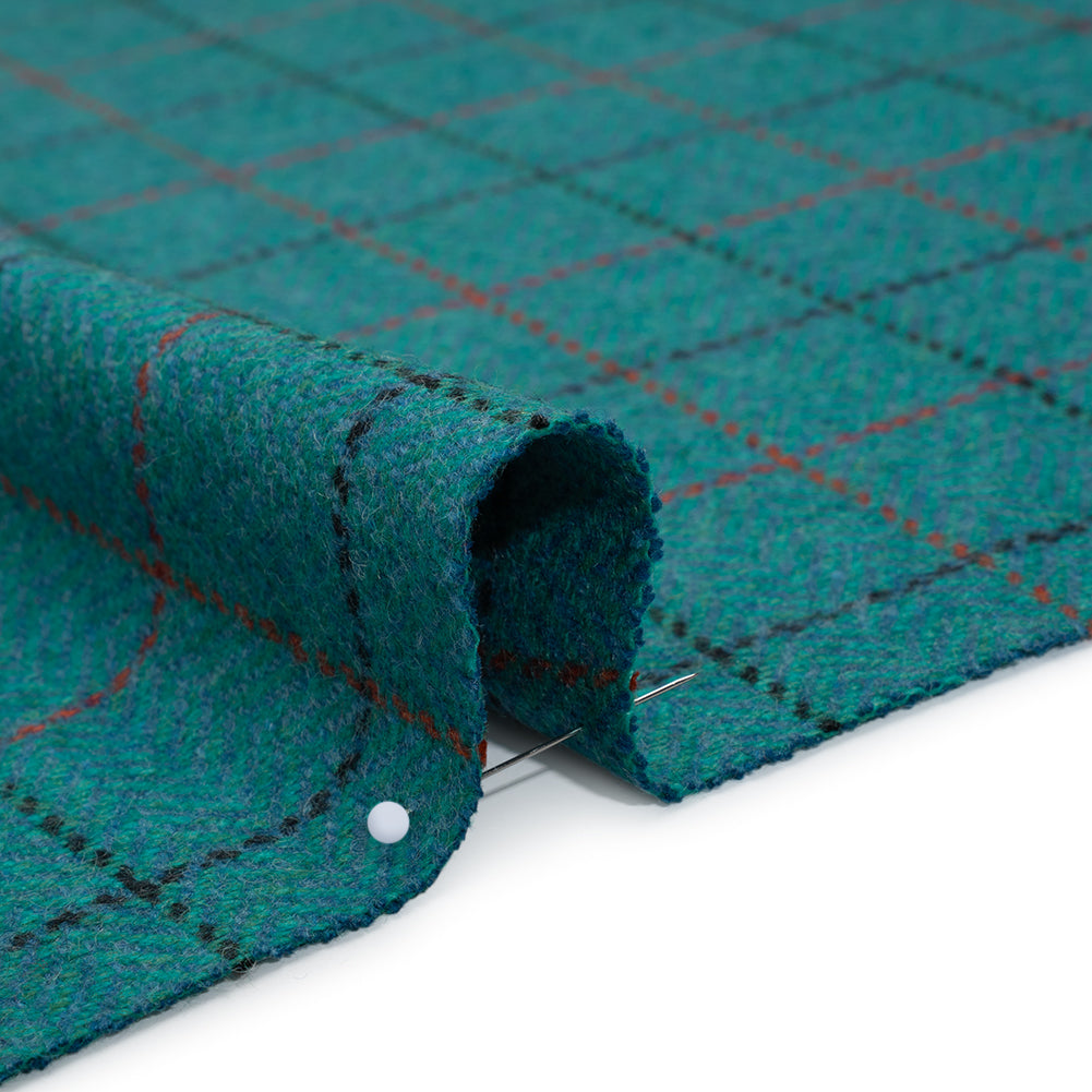 Wool Blend Tweedy Twill - Teal, Red and Navy Blue Herringbone and Plaid Detail