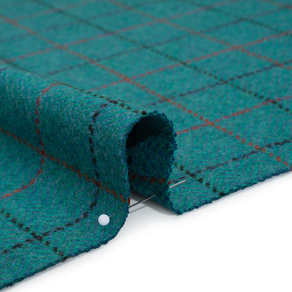 Wool Blend Tweedy Twill - Teal, Red and Navy Blue Herringbone and Plaid Detail