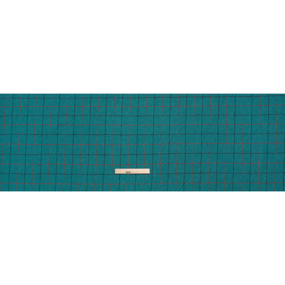 Wool Blend Tweedy Twill - Teal, Red and Navy Blue Herringbone and Plaid - Full