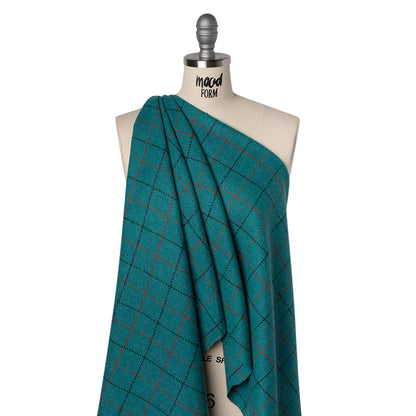 Wool Blend Tweedy Twill - Teal, Red and Navy Blue Herringbone and Plaid Drape