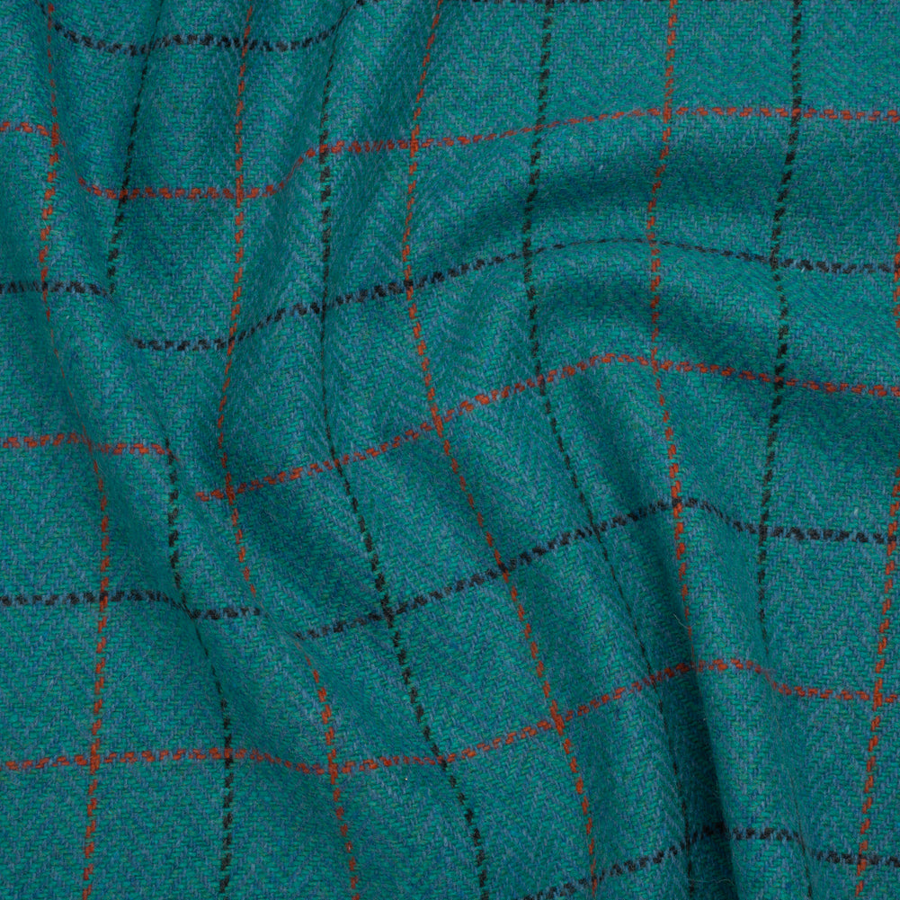 Wool Blend Tweedy Twill - Teal, Red and Navy Blue Herringbone and Plaid