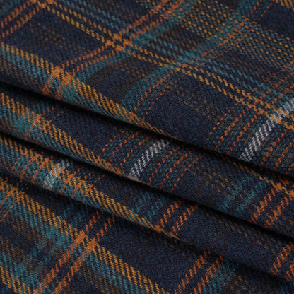 Wool Blend Tweedy Twill - Navy, Burnt Orange and Teal Blue Plaid Folded