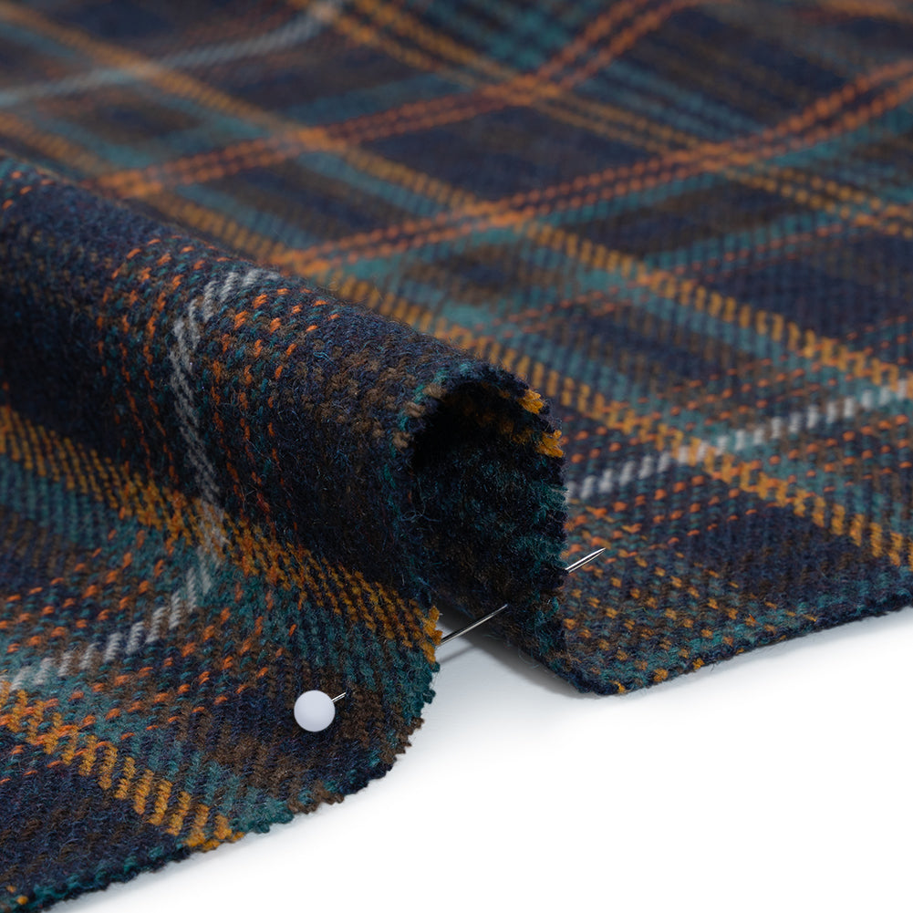 Wool Blend Tweedy Twill - Navy, Burnt Orange and Teal Blue Plaid Detail
