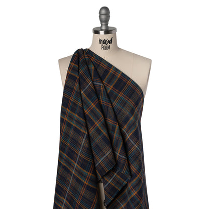 Wool Blend Tweedy Twill - Navy, Burnt Orange and Teal Blue Plaid Drape