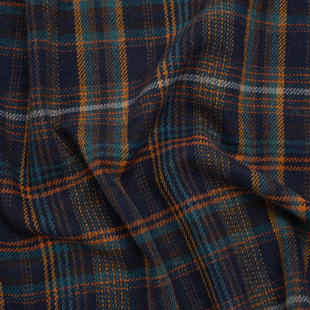 Wool Blend Tweedy Twill - Navy, Burnt Orange and Teal Blue Plaid