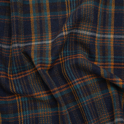 Wool Blend Tweedy Twill - Navy, Burnt Orange and Teal Blue Plaid
