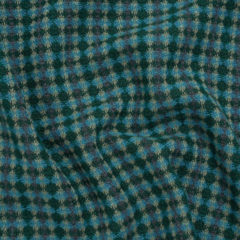 Wool Blend Tweedy Twill - Cerulean Blue, Olive and Dark Green Diamonds