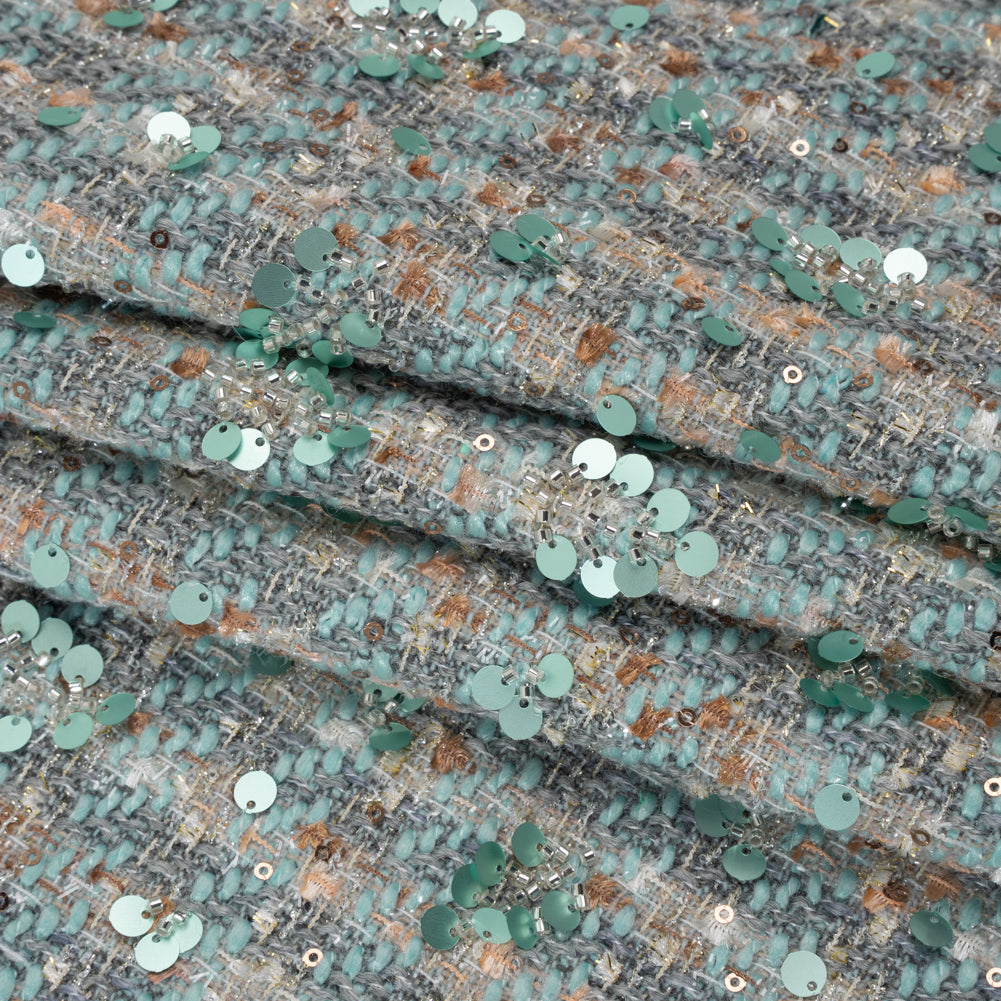 Polyester Tweed with Sequins and Beads - Mint Green, Copper and Gray Abstract over Plaid Folded