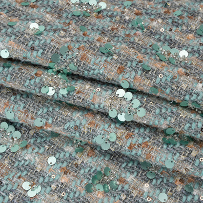 Polyester Tweed with Sequins and Beads - Mint Green, Copper and Gray Abstract over Plaid Folded