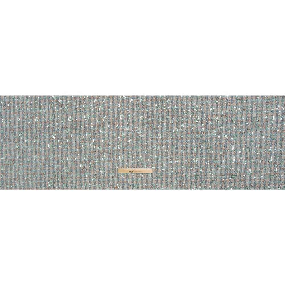 Polyester Tweed with Sequins and Beads - Mint Green, Copper and Gray Abstract over Plaid - Full