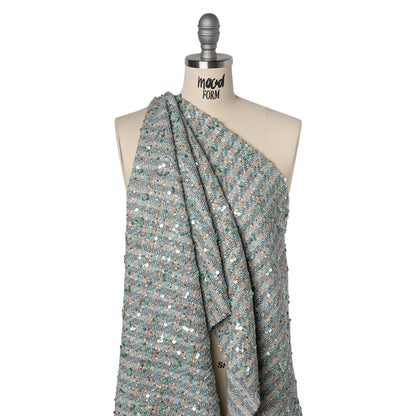 Polyester Tweed with Sequins and Beads - Mint Green, Copper and Gray Abstract over Plaid Drape