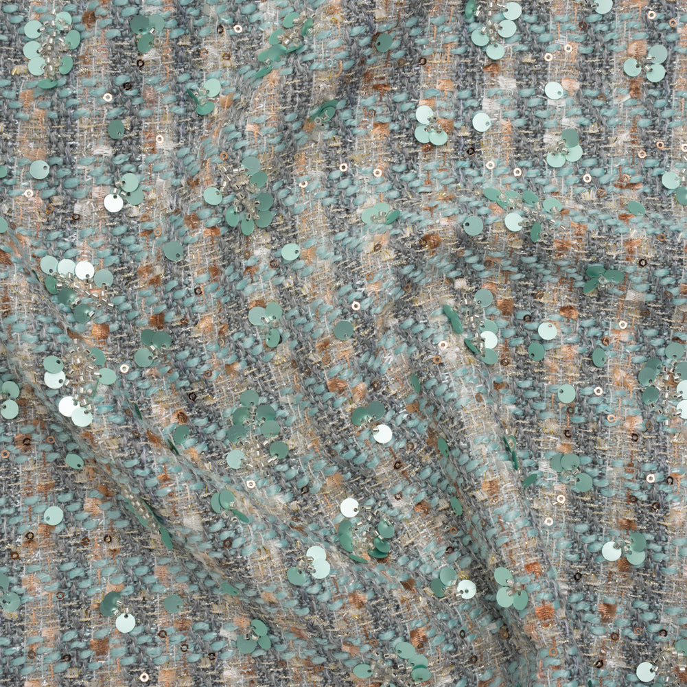 Polyester Tweed with Sequins and Beads - Mint Green, Copper and Gray Abstract over Plaid