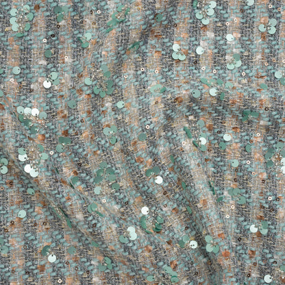Polyester Tweed with Sequins and Beads - Mint Green, Copper and Gray Abstract over Plaid