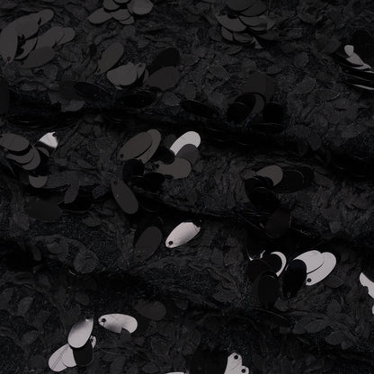 Fuzzy Tweed with Fabric Appliques and Oval Paillette Sequins - Black Vines Folded