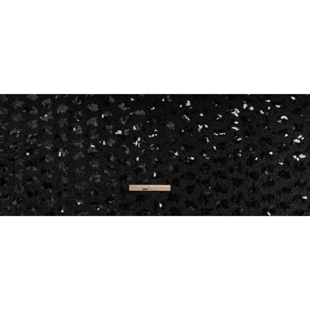 Fuzzy Tweed with Fabric Appliques and Oval Paillette Sequins - Black Vines - Full