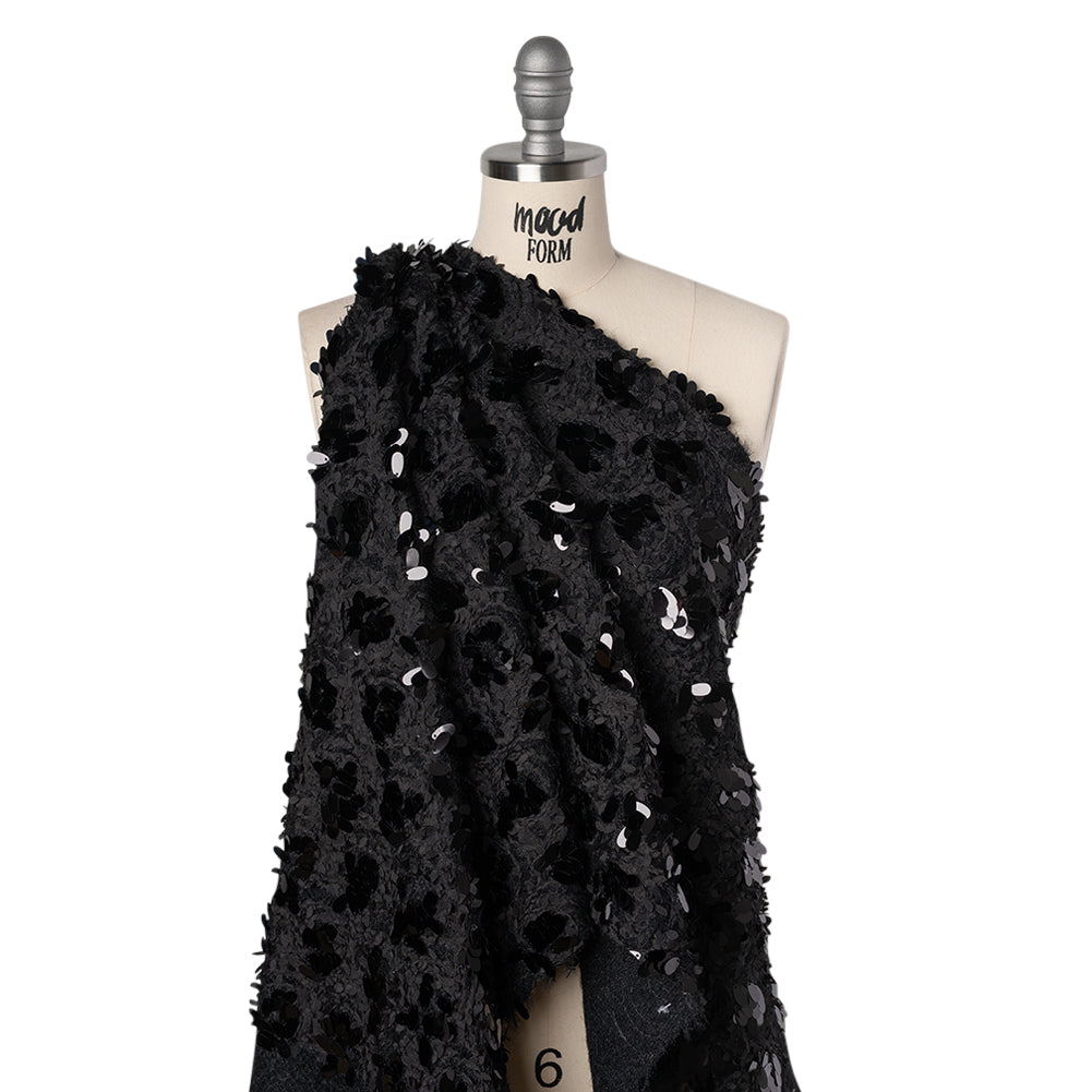 Fuzzy Tweed with Fabric Appliques and Oval Paillette Sequins - Black Vines Drape