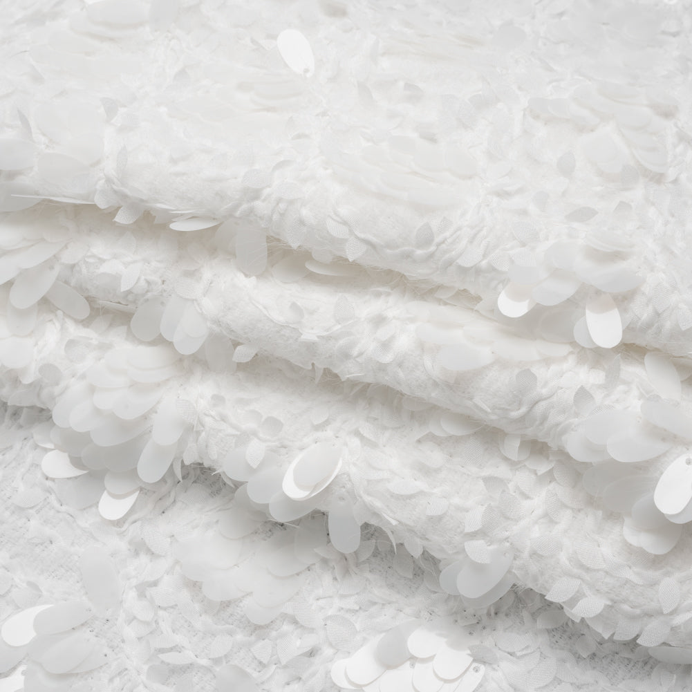 Fuzzy Tweed with Fabric Appliques and Oval Paillette Sequins - White Vines Folded